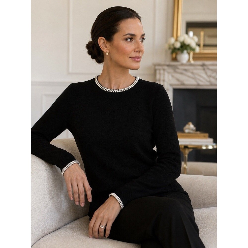 Charter Club 100% Cashmere Sweater Women L Black Pearl Trim Long Sleeve - Picture 7 of 13